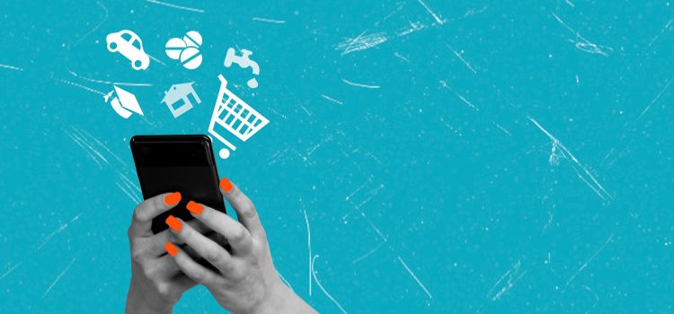 Zakupy online na smartfonie — ikony kategorii sklepów internetowych, e-commerce, konkurencja w internecie
